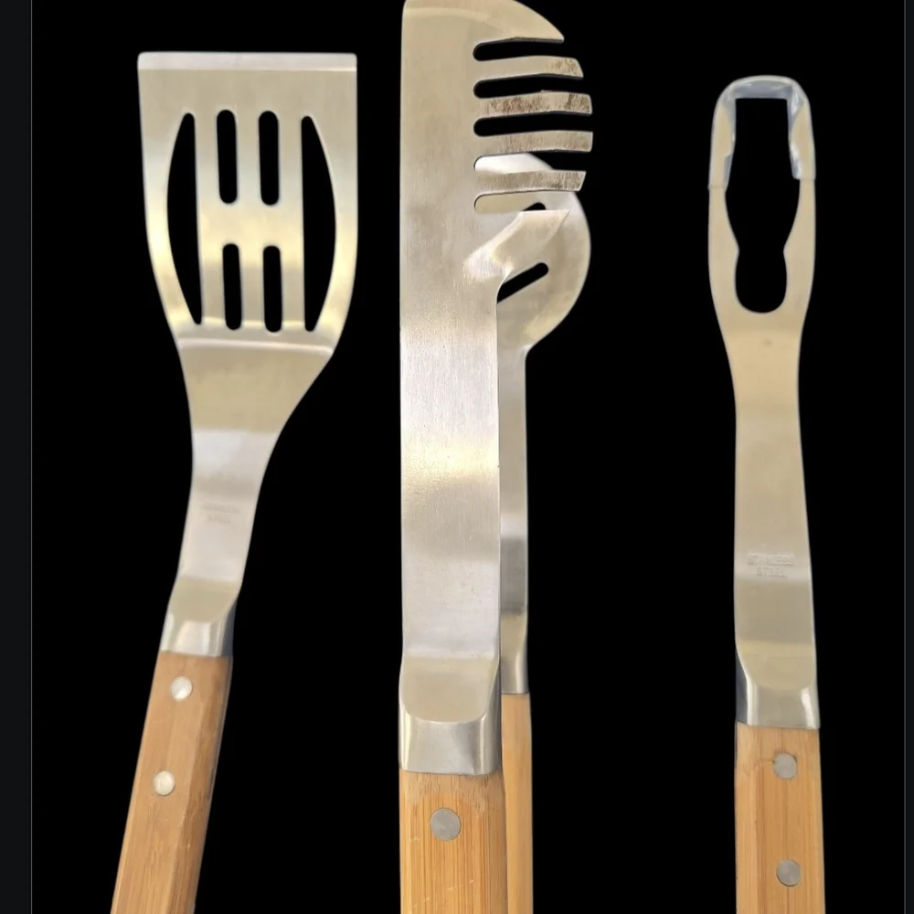 Crate&Barrel Barbecue Serving Set with Tools in Wood Grain and Orange